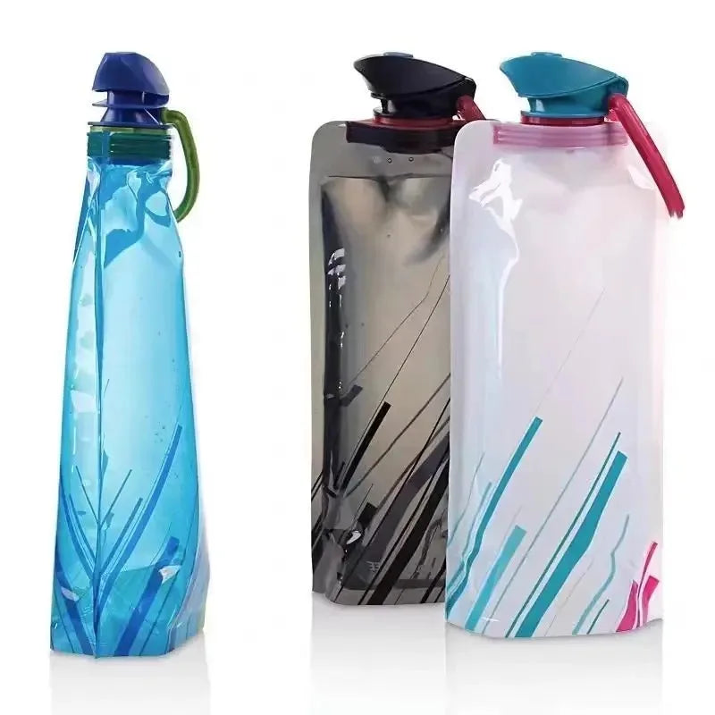 Foldable Water Bottles Flexible Reusable Travel Water Bottle Plastic Water Pouch Soft Flask Water Bag With Carabiner Clip