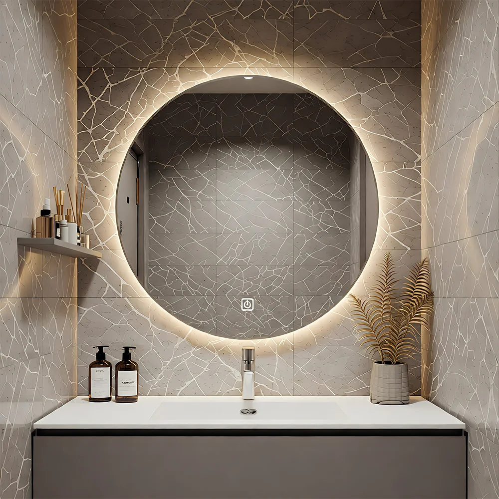 Round LED Bathroom Mirror Electric Vanity Mirror Backlit Lights For Shower Shaving Wall Mounted Dimmable 3 Colour Lighting