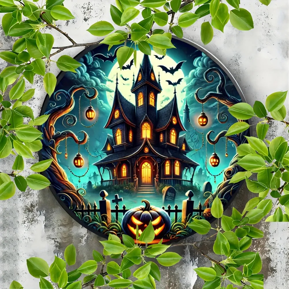 Classic Halloween Haunted House Iron Sign - Weather-Resistant Round Metal Decor for Door & Wreath