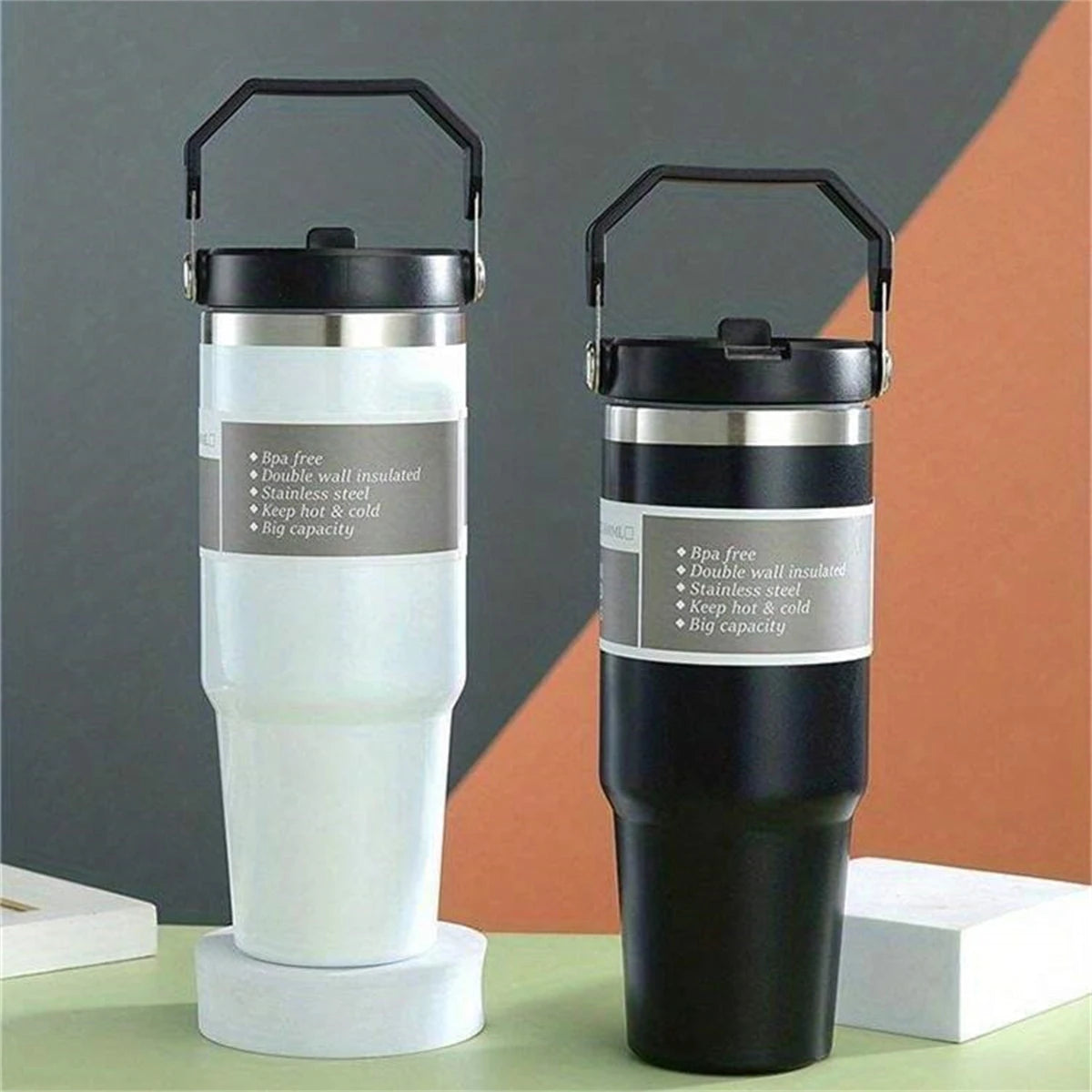 1pc Vacuum Tumbler with Lid Stainless Steel Portable Water Bottle with Dazzling Handle Insulated Tumbler Tote Handle 20/30OZ
