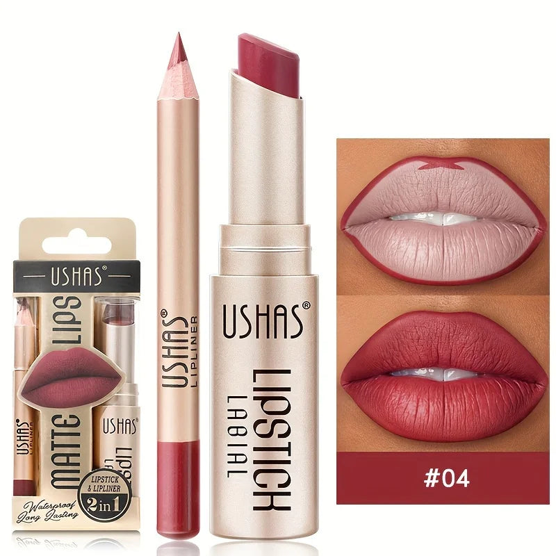 USHAS 12 Color Matte Lipstick Set Long-lasting Waterproof Lipstick + Lip Liner Set Easy Coloring Non-Stick Cup Lip Makeup Suit