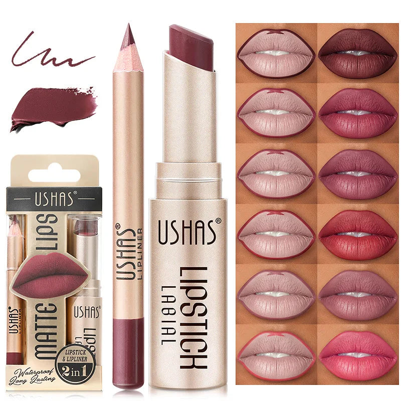 USHAS 12 Color Matte Lipstick Set Long-lasting Waterproof Lipstick + Lip Liner Set Easy Coloring Non-Stick Cup Lip Makeup Suit