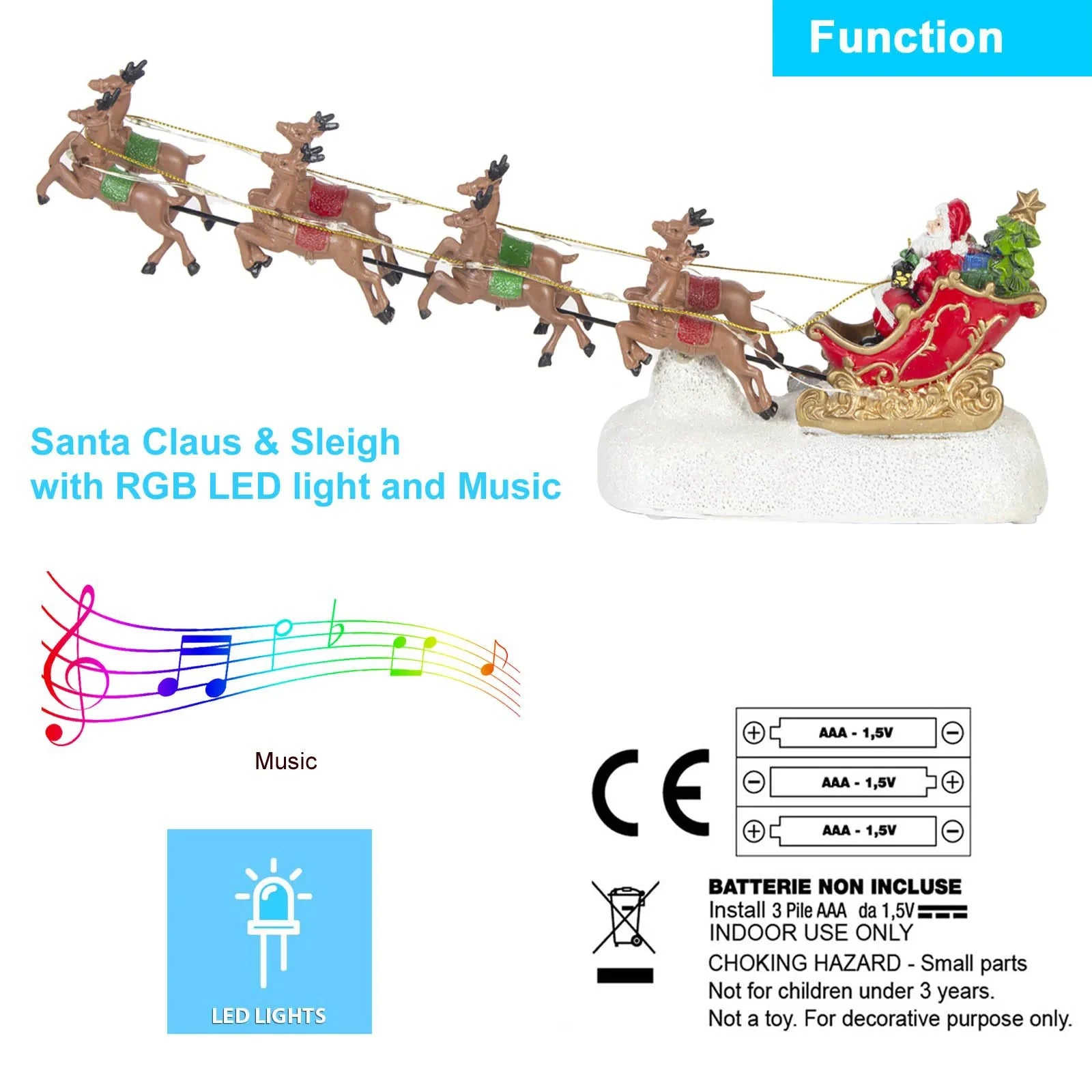 Christmas Santa Claus Sleigh and Reindeer Figurine with LED Lights Holiday Ornament Xmas Home Tabletop Decoration Gift