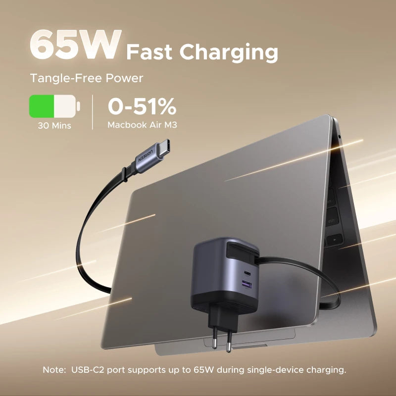 UGREEN 65W GaN Charger With Retractable USB C Cable For iPhone 17 16 Pro Samsung Xiaomi Laptop Macbook Tablet PD Fast Charger
