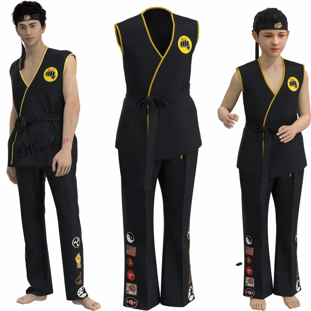 Karate Kids KOF Cobra Kai Cosplay Costume Kid Aldult Black White Kimono Uniform Headband Anime Halloween Party Suit Tracksuit
