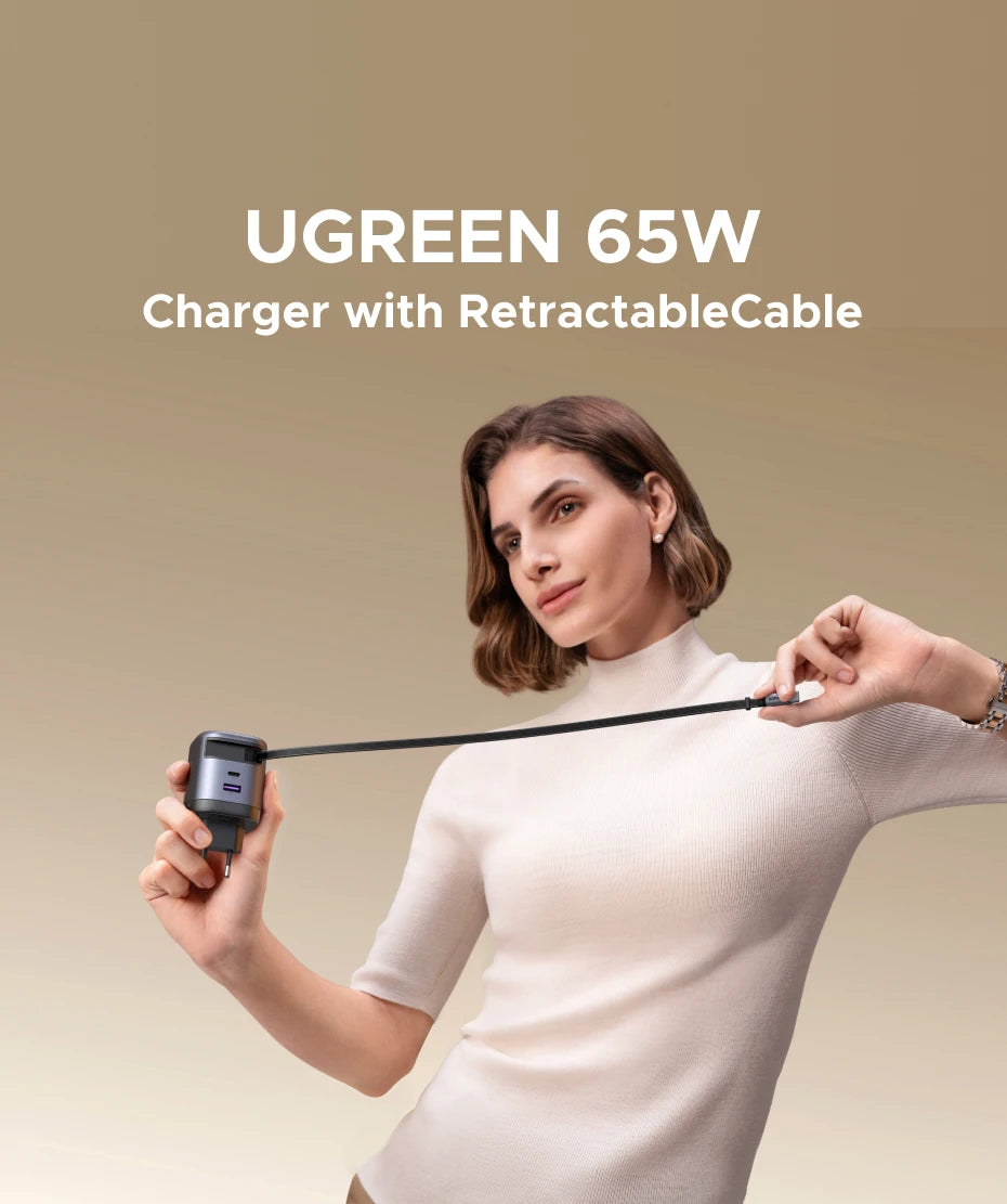UGREEN 65W GaN Charger With Retractable USB C Cable For iPhone 17 16 Pro Samsung Xiaomi Laptop Macbook Tablet PD Fast Charger