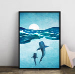 Blue Ocean Canvas Prints Minimalist Nautical Wall Art Wild Swimming Whales Seascape Poster Surfer Waves Picture Home Decor