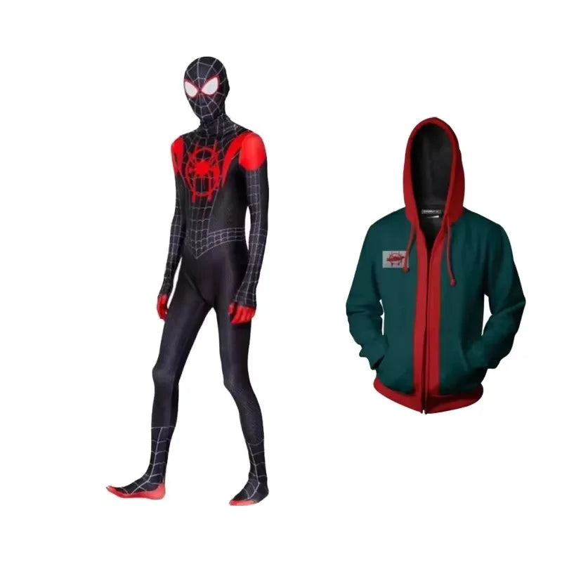 Superhero Spiderman Miles Morales Cosplay Costume Adult Kids Spider Man Halloween Jumpsuit Bodysuit Coat Party Dress Up Gift