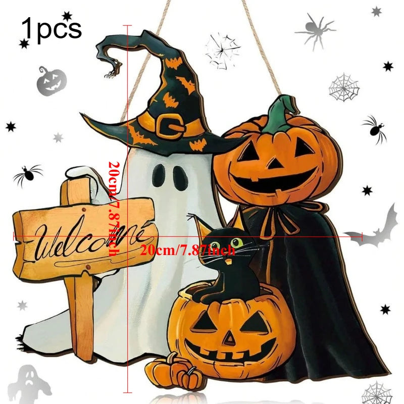 1pcs New Front Door Halloween Welcome Sign Pumpkin Skeleton Wreath Wooden Halloween Party Decoration