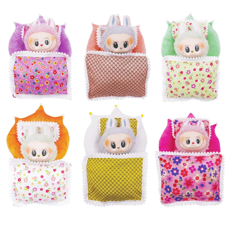 17cm Mini Doll's Accessories Set For Labubu Doll Pop 3Pcs/Set Bed+Quilt+Pillow Pajamas Sleeping Bag Dollhouse Gift,Girl's Toys
