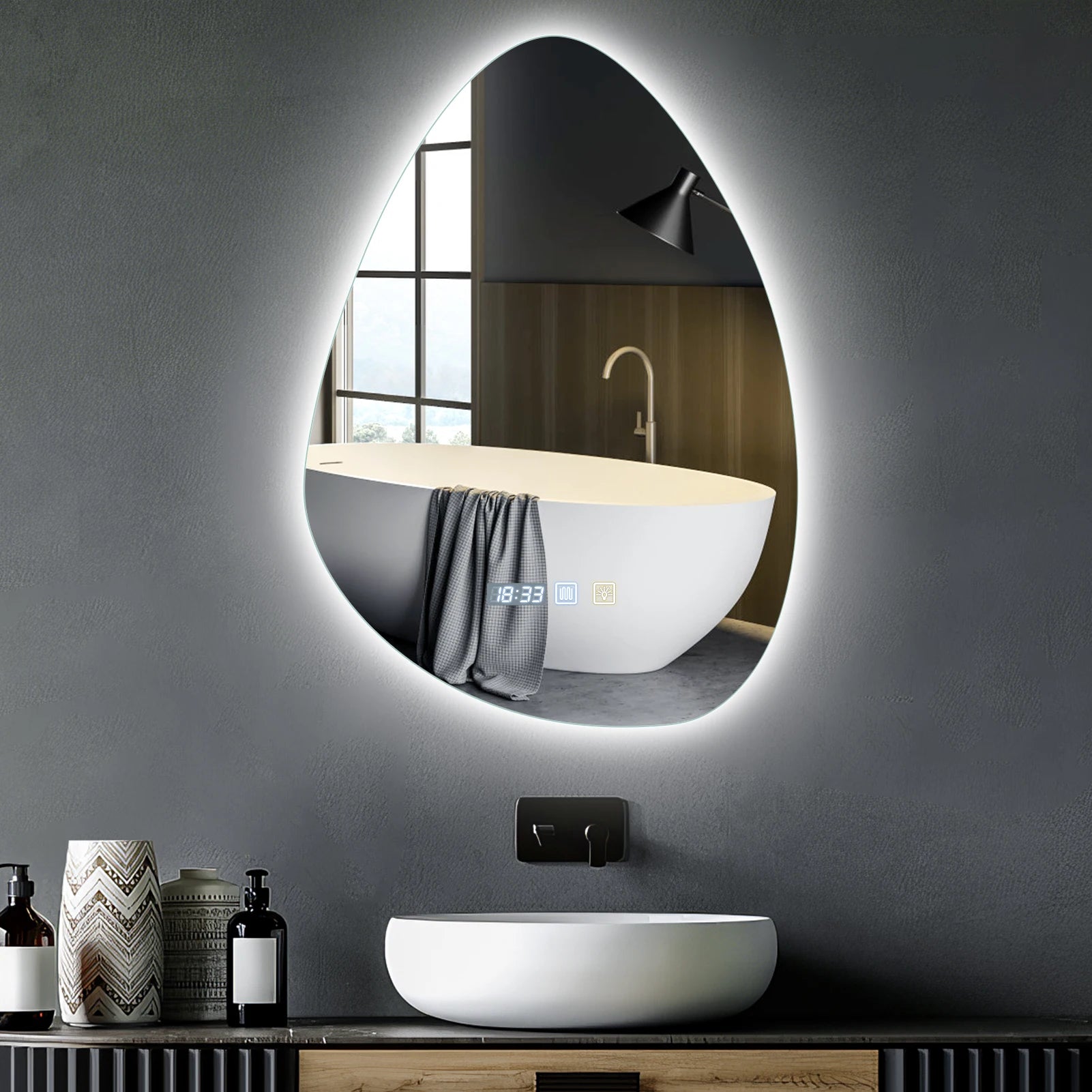 LED Bathroom Mirror With Light Teardrop Shape Wall Vanity Mirror 3 Colors Led Bathroom Vanity Mirror With Time Defogging Mirrors
