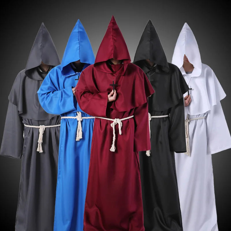 Adult Medieval Wizard Robe with Hood Halloween Priest Costume Gothic Cloak for Cosplay Performance Includes Belt and Cross