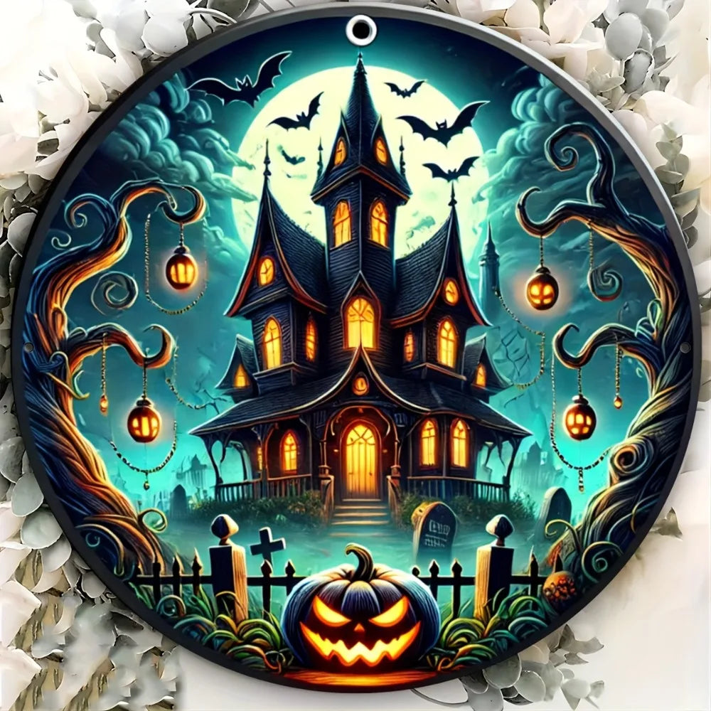 Classic Halloween Haunted House Iron Sign - Weather-Resistant Round Metal Decor for Door & Wreath