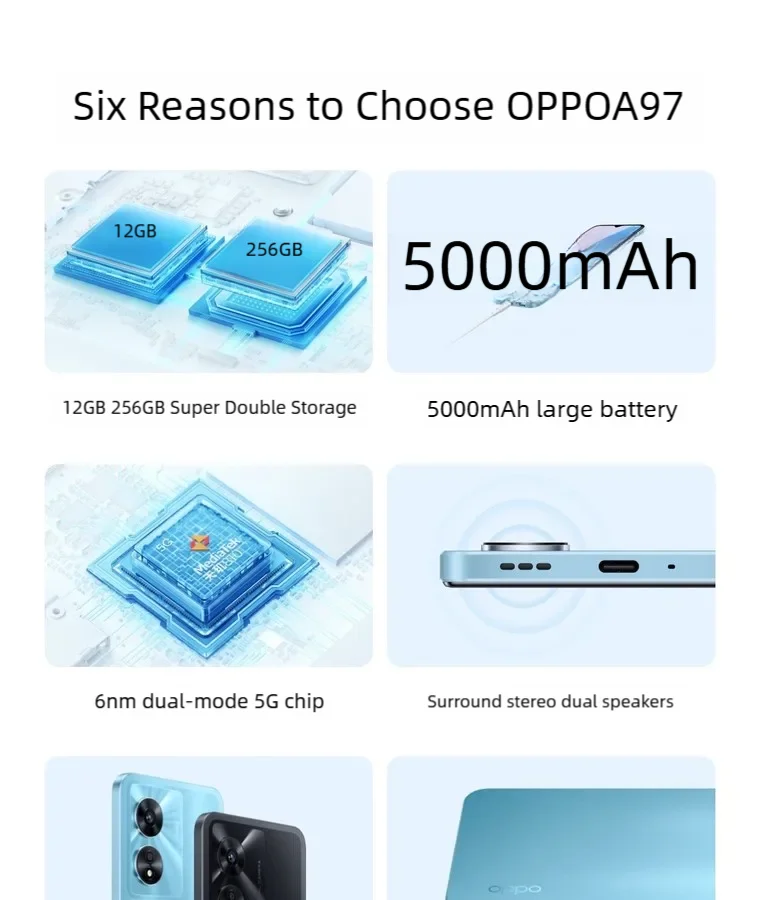 OPPO A97 Smartphone Global Firmware 6.58-inch 48MP main camera CPU Dimensity 810 5000mAh battery used phone