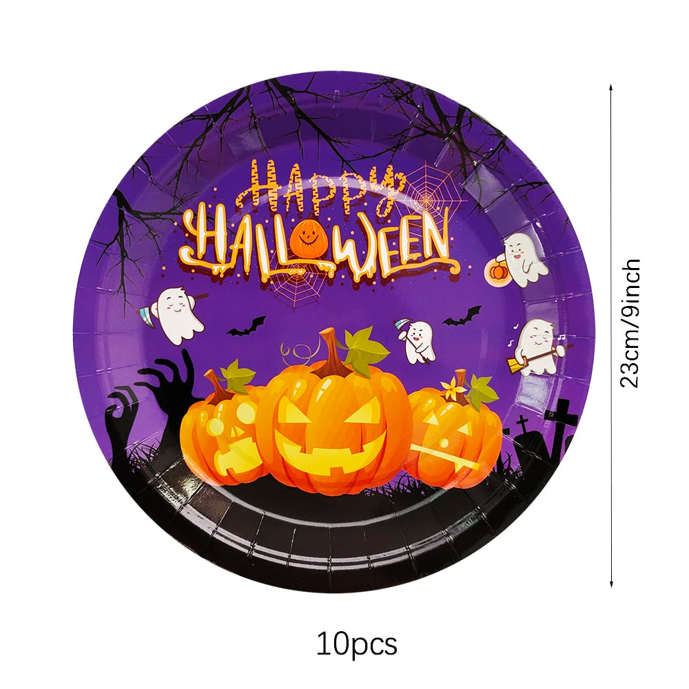Halloween Disposable Tableware Horror Pumpkin Ghost Purple Plates Napkins Cups Tablecloth Halloween Party Home Decor Supplies