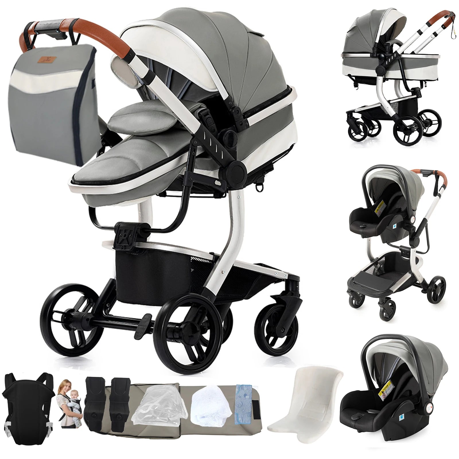 Ultimate 3-in-1 Lightweight Baby Stroller Travel System Convertible Pram & Carriage with PU Wheels for All-Terrain, Compact Fold