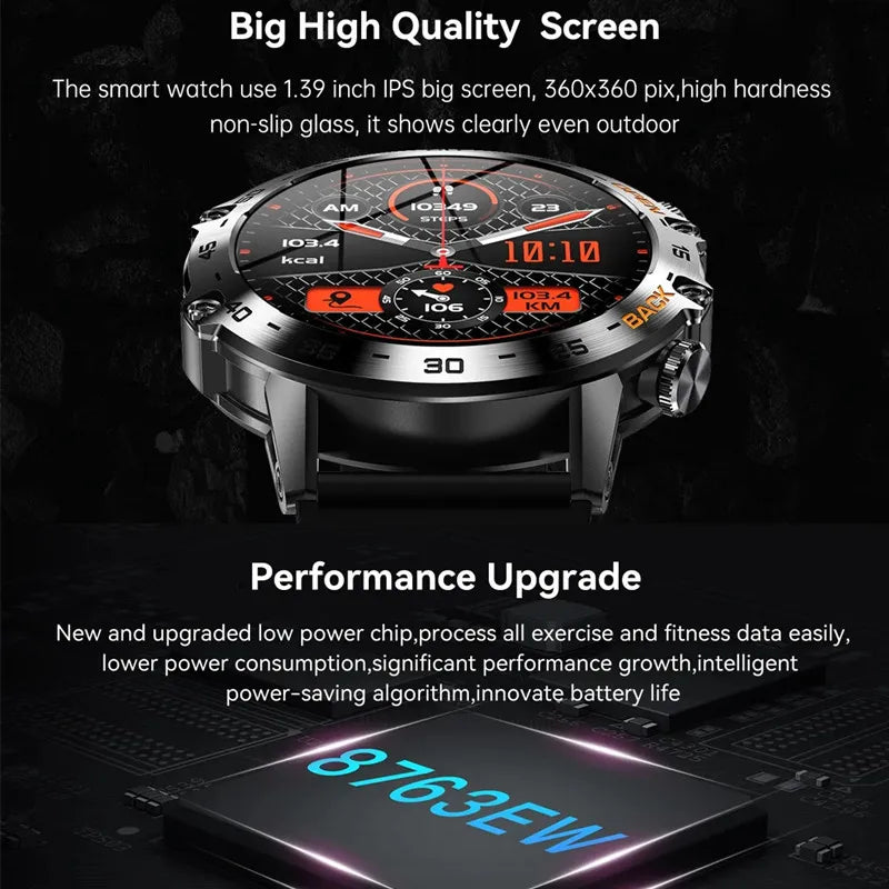 K52 Smart Watch Men 1.39inch IPS Screen Bluetooth Call Custom Dial Heart Rate Health Monitoring Outdoor Sport Smartwatch