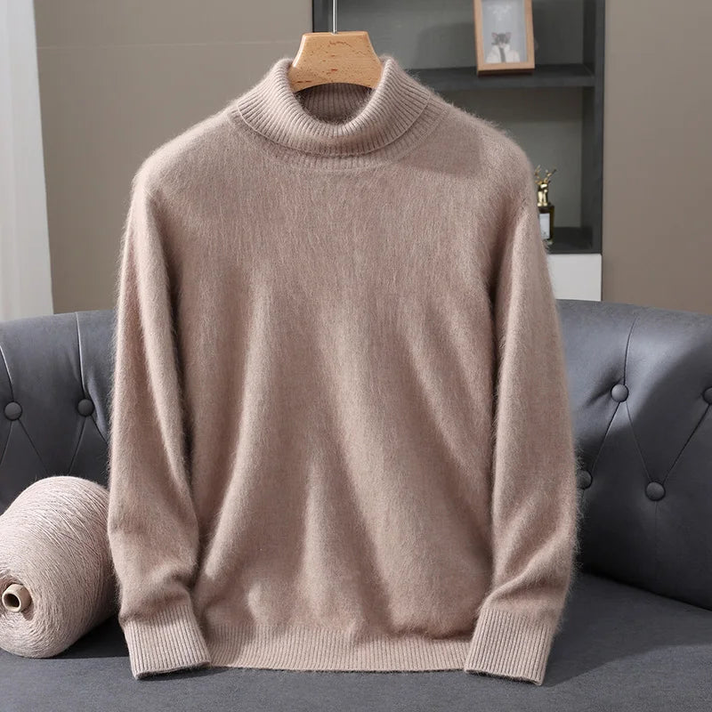 Autumn Winter Men's High Neck Pullover Knitted Sweater 100% Mink Cashmere Long Sleeved Loose Business Casual Warm Top New Styles