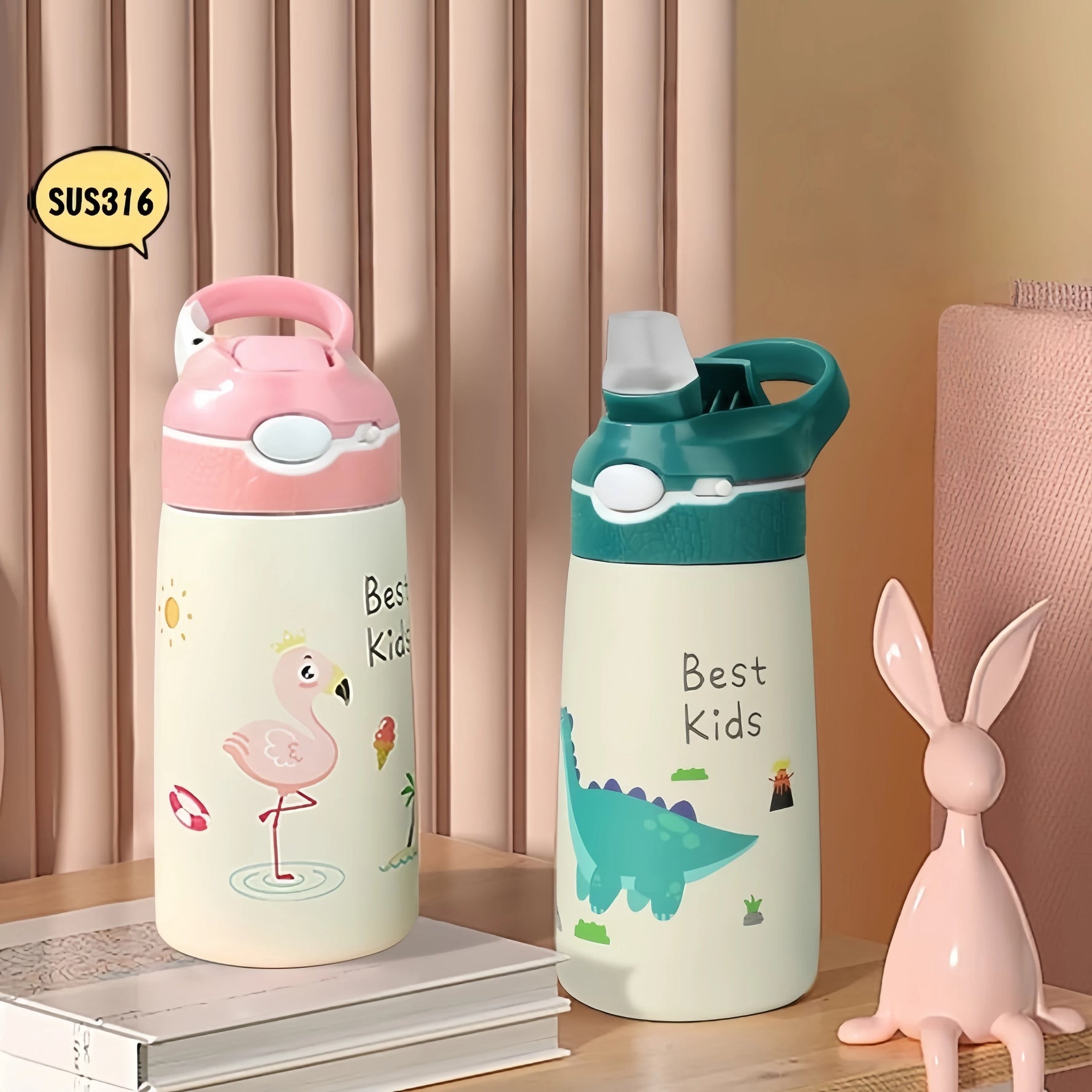 400/500ML Kids Water Bottle Cartoon Dinosaur Thermos Mug Baby Duck Billed Straw 316 Stainless Steel Vacuum Flasks Thermos Bottle