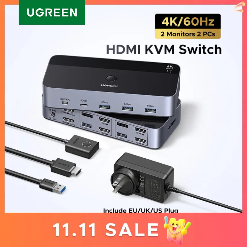 UGREEN HDMI KVM Switch for 2 Monitor 2 PCs 4K 60Hz USB C USB 3.0 Sharing Monitor Keyboard Mouse Printer with HDR 3D Support