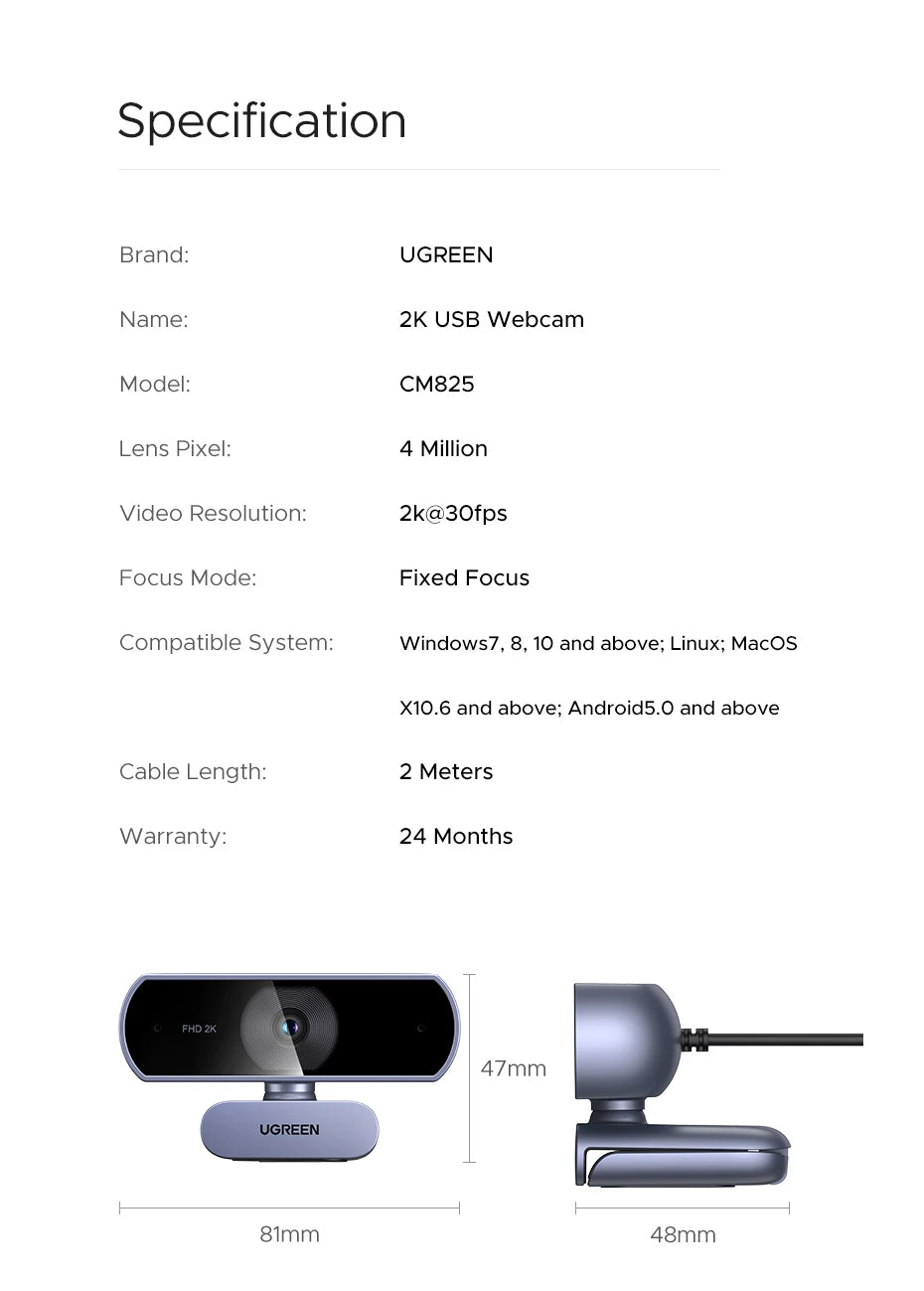 【RU】 UGREEN 2K Web cam with Microphone, Full HD 2K, Auto Light Correction, Video Webcam for Streaming