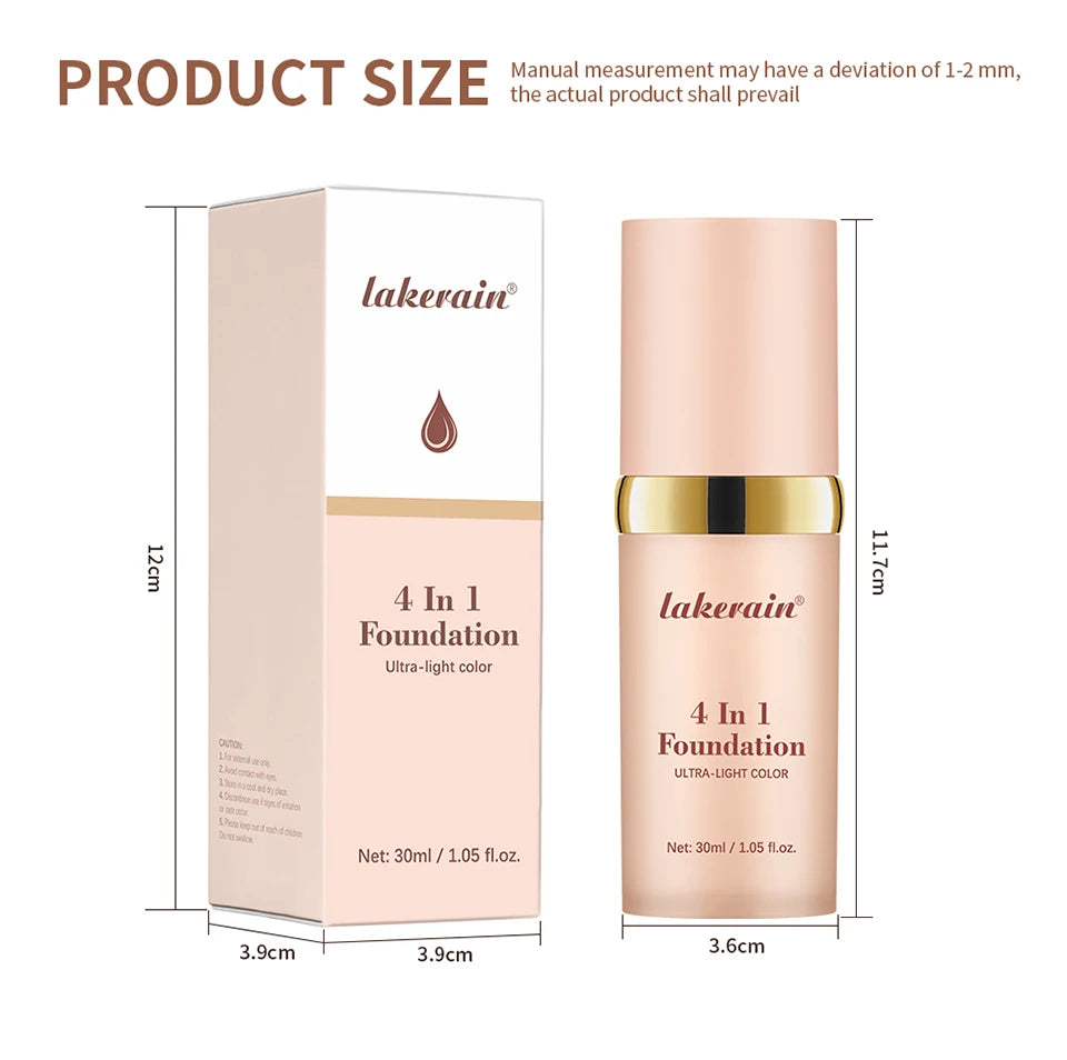 Color Changing Foundation 4 in 1 Moisturizing SPF 30+ Hydrating Color Longwearing Waterproof Travel Coverage Makeup Base