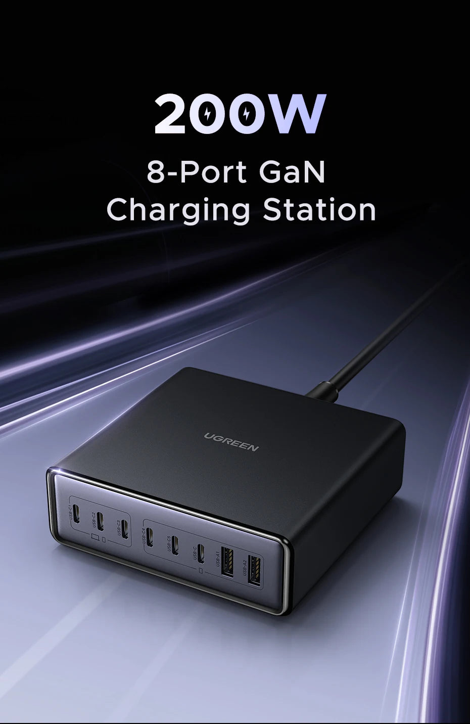 UGREEN 200W GaN Charger 8 in 1 Desktop USB C Charging Station Stand For Macbook Laptops iPhone 16 15 Pro Xiaomi Samsung Tablets