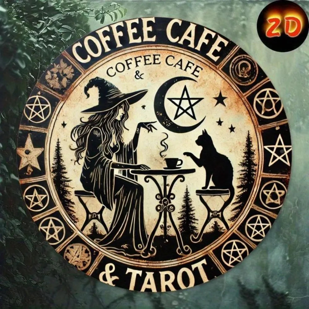 Waterproof Metal Sign - Witchy Coffee Tarot Theme (1 Piece) | Features Mysterious Witch, Cat,Pentagram & Crescent Moon Designs