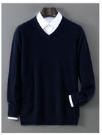 V-Neck Men's 100% Pure Wool Pullover Knitted Sweater, Business Casual Solid Color Simple Long Sleeved Fashionable Loose Warm Top