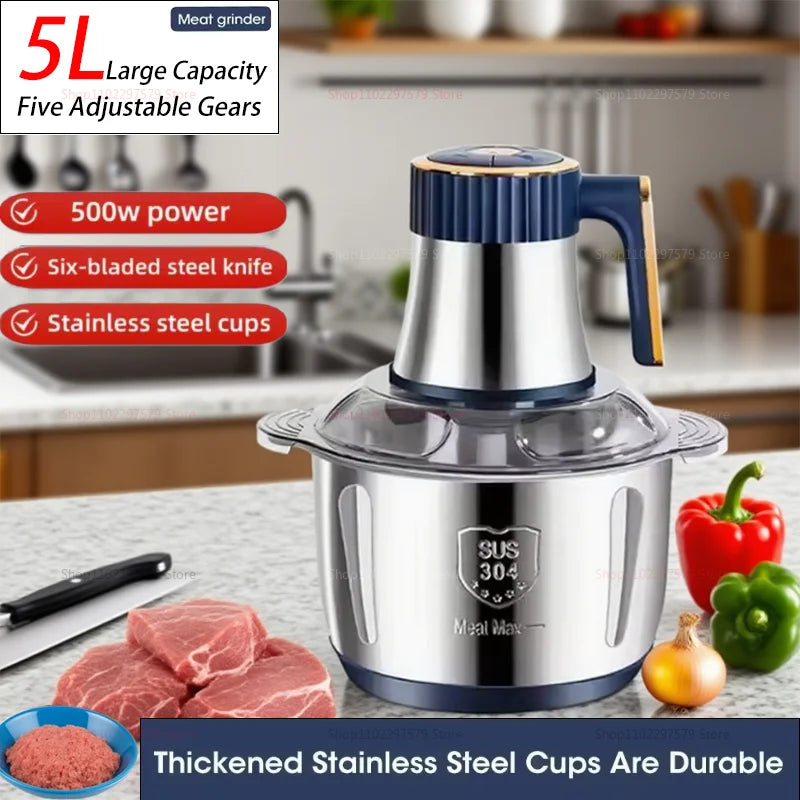 5L Large Capacity Meat Grinders Food Processor Stainless Steel Multi-Function Kitchen Mixer For Meat Vegetables Fruits Cooking