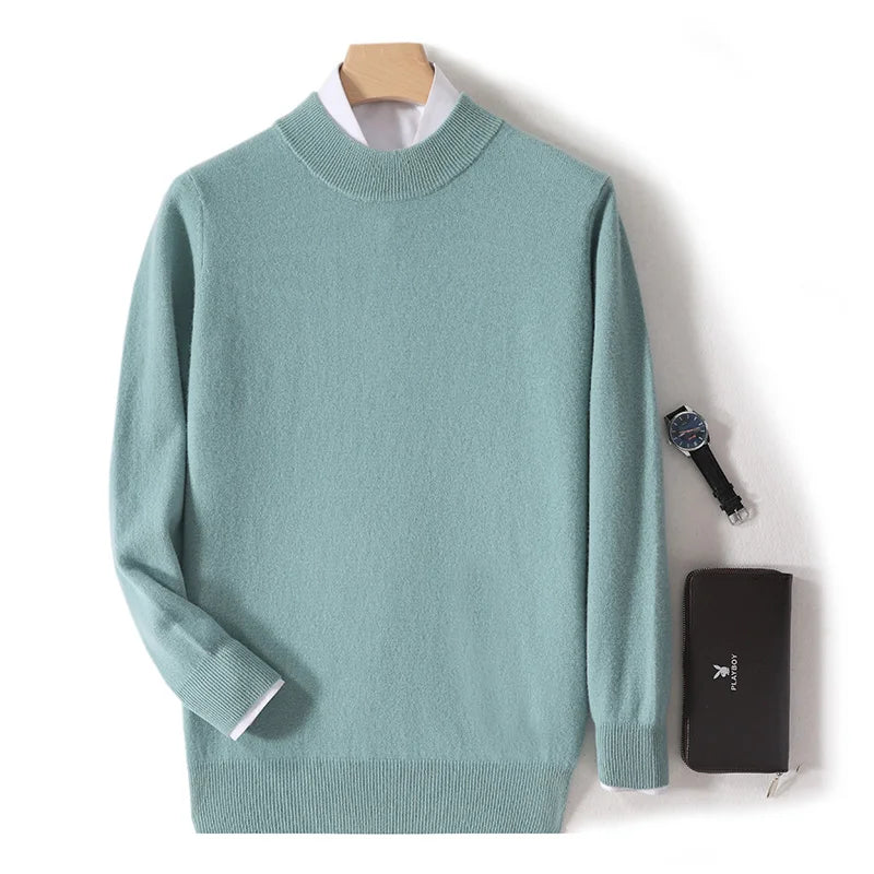 100% Pure Wool Sweater For Men, Half High Neck Knitted Pullover, Long Sleeved Casual Autumn Winter Thick High-End Sweater Warmth