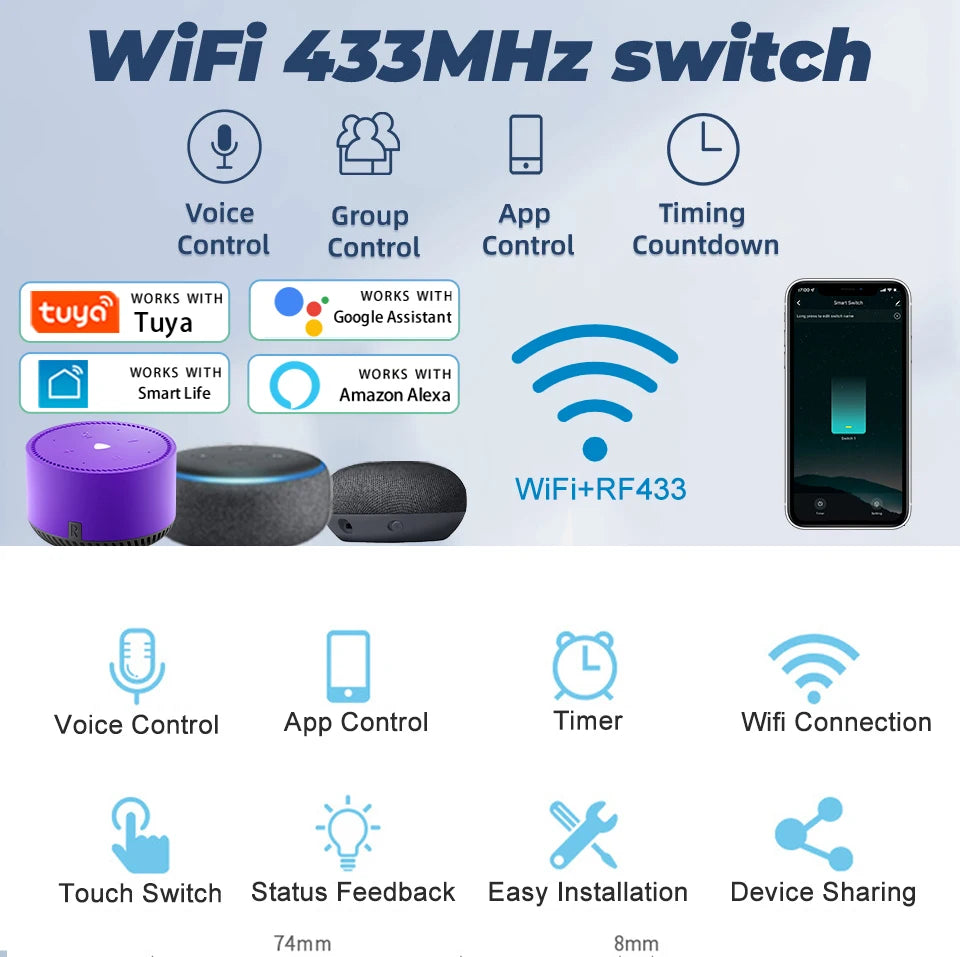 Tuya WiFi Touch Wall Smart Switch 1/2/3 Gang Light Switch Without Neutral Line Smart Life APP Control Support Alexa Google Home