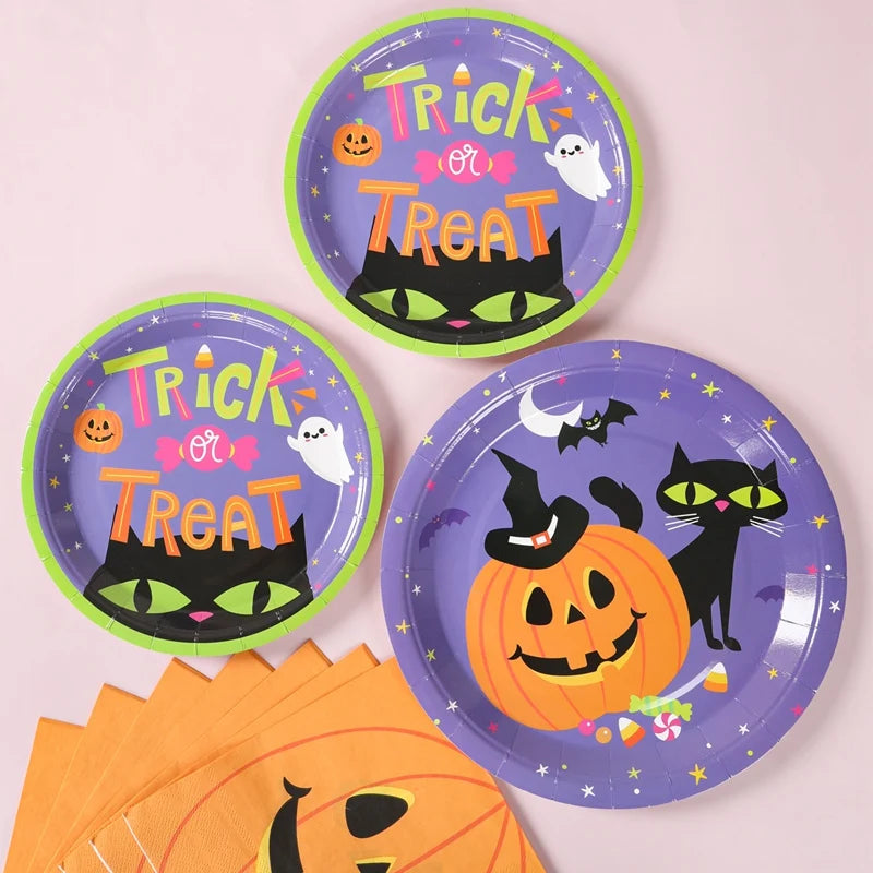 Halloween Pumpkin Black Cat Disposable Tableware Set Halloween Party Decor Kids Favors Trick or Treat  Paper Plates Cup Napkins