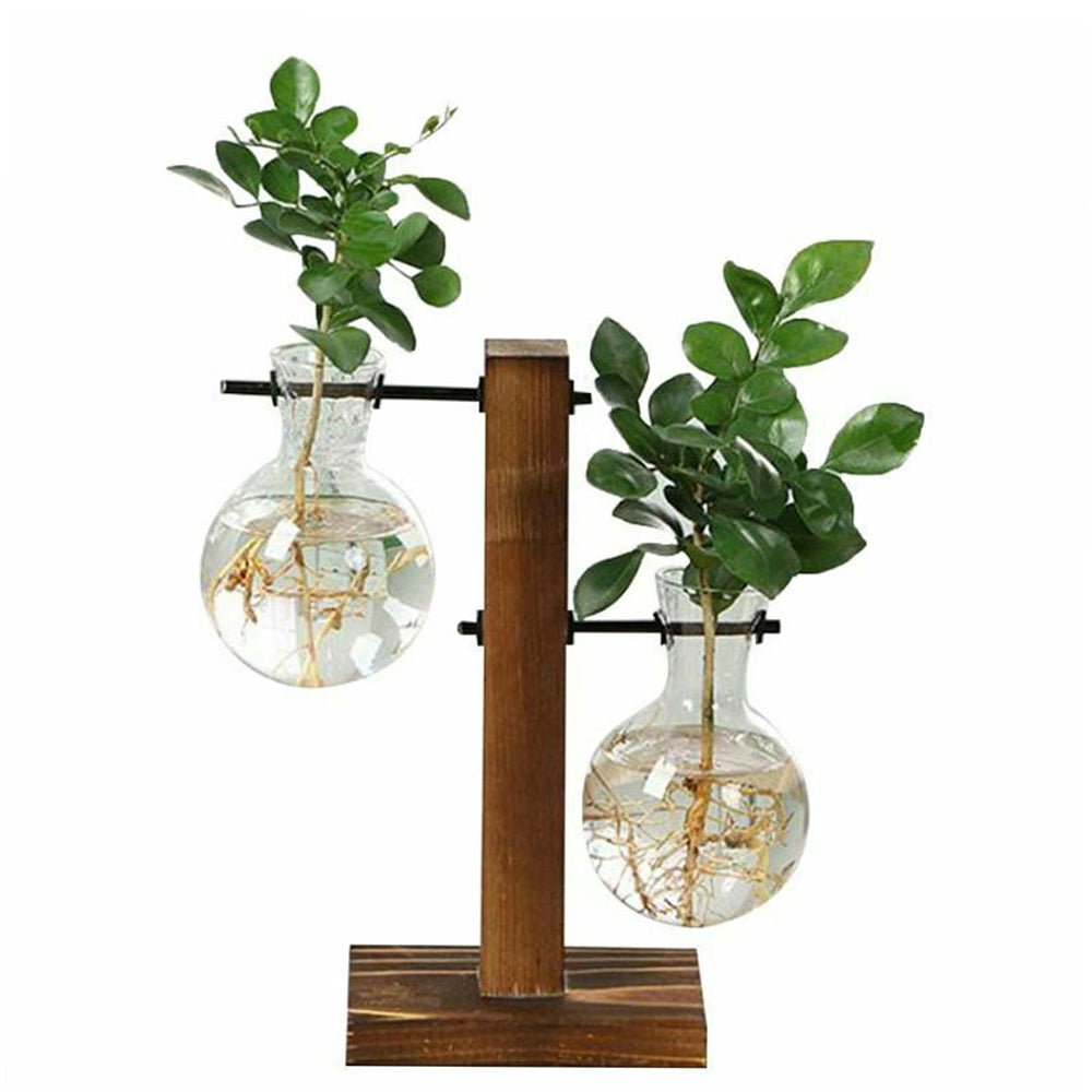 Creative Glass Desktop Planter Bulb Vase Wooden Stand Hydroponic Plant Container Home Tabletop Decor Vases
