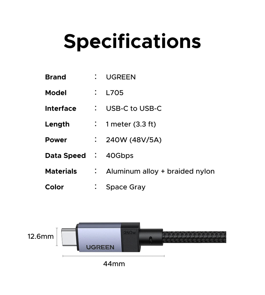 UGREEN USB4 Gen3 240W & USB3.1 Gen2 Fast Charging Cable 1m, Aluminum Shell Braided Nylon, PD3.1 for MacBook Pro iPad