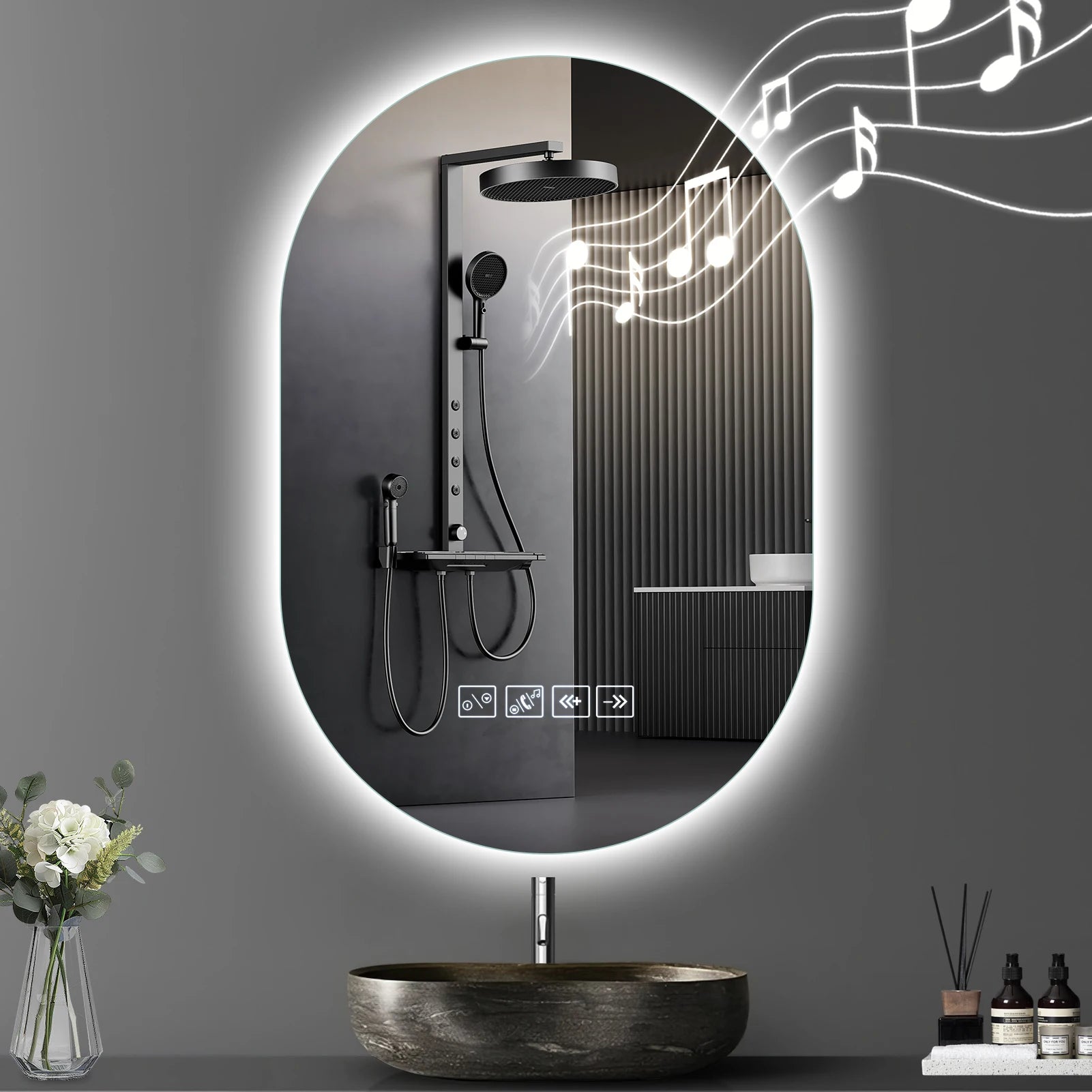 Oval Shape LED Lighted Bathroom Mirror With Blue Tooth Speaker Smart LED Vanity 3 Color Temperatures Anti-Fog Wall Makeup Mirror