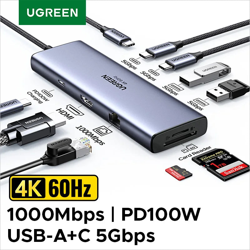 UGREEN USB HUB Docking Stations Type-C to 4K60Hz HDMI Gigabit RJ45 SD/TF USB-A/C Data 5Gbps USB3.0 HUB for Laptop Accessories PC