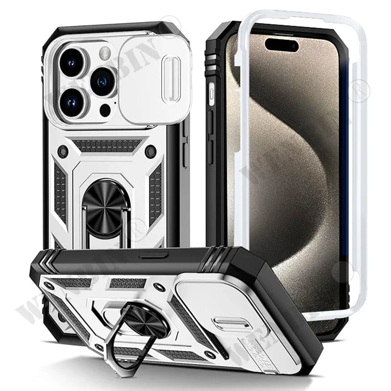 Case For iPhone 17 16 16e 15 14 13 12 11 Pro Max Plus Mini XS XR 8 Plus 8 7 SE Heavy Duty with Camera 360 Degree Kickstand Cover