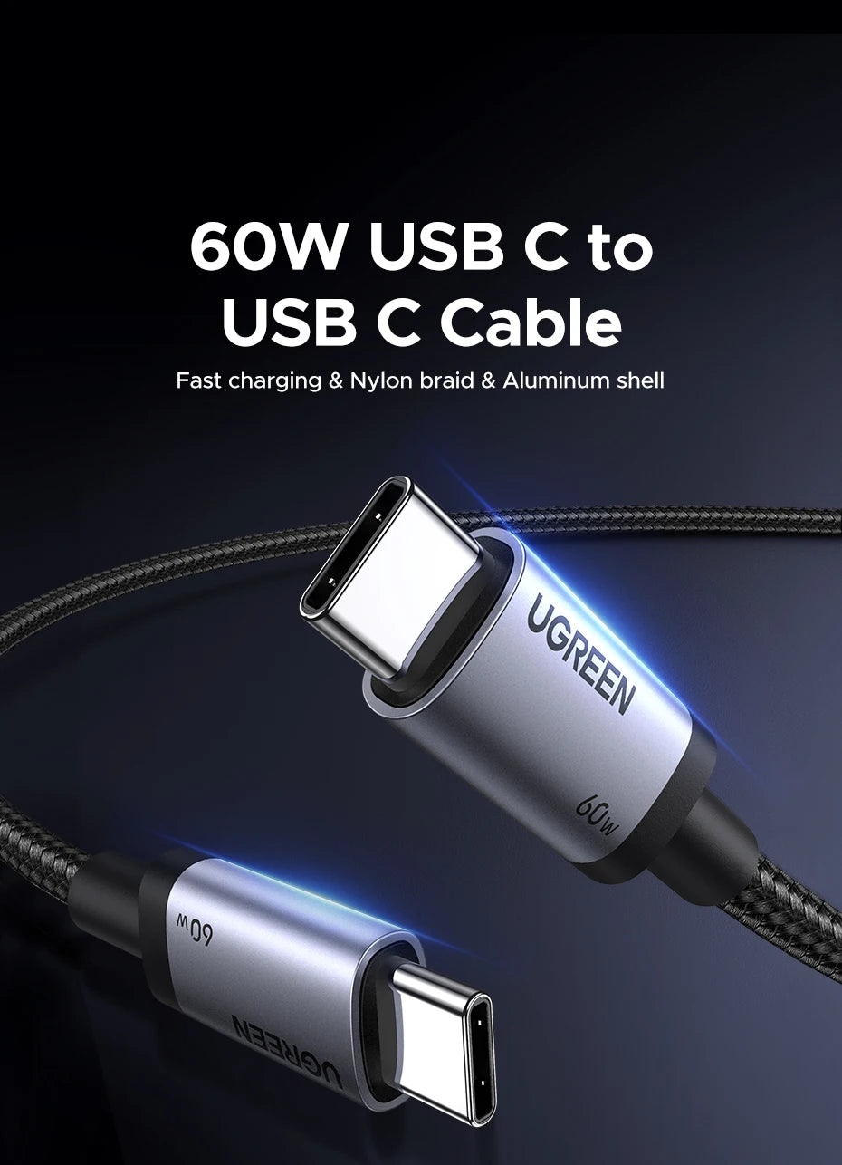UGREEN PD60W Cable USB-C to USB-C High-Speed Data Sync And Charging Cable Durable Fast Charge Cable for USB-C Devices