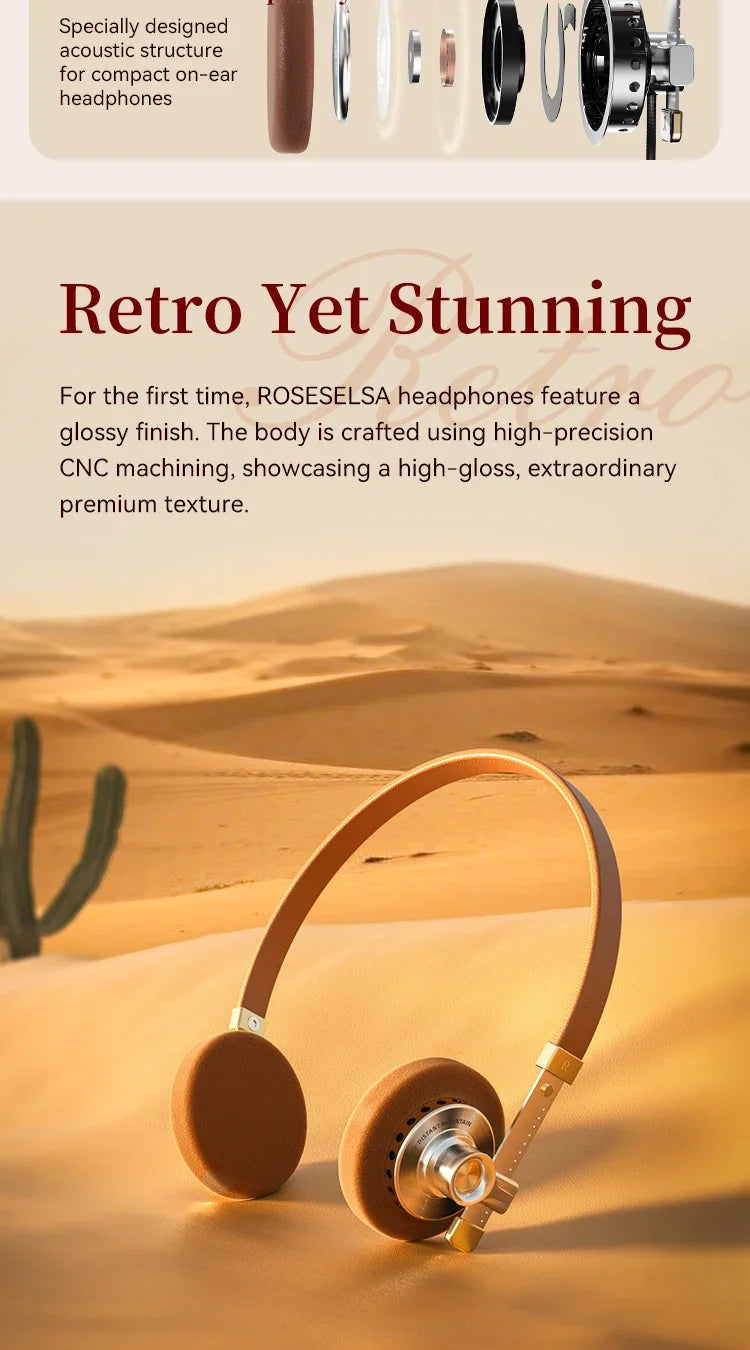 ROSESELSA Distant Mountain Retro Over Ear HiFi Headsets OOTD Vintage Metal Wired Headphones with MMCX 3.5mm Plug