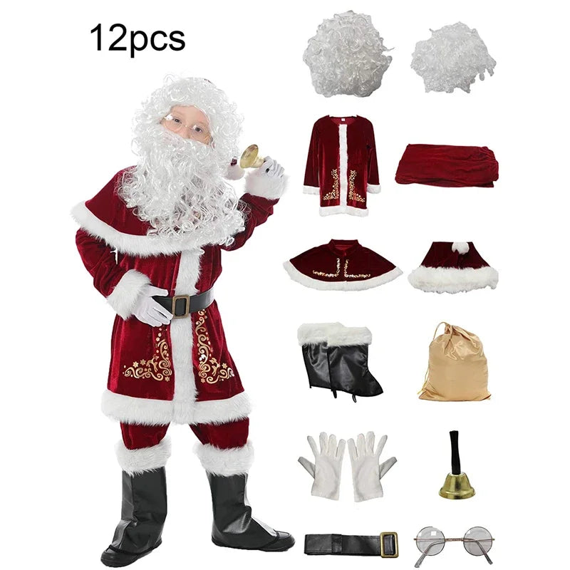 Red Deluxe Velvet Fancy 8pcs Set Xmas Party Man  Santa Claus Suit Adult Cosplay Costume