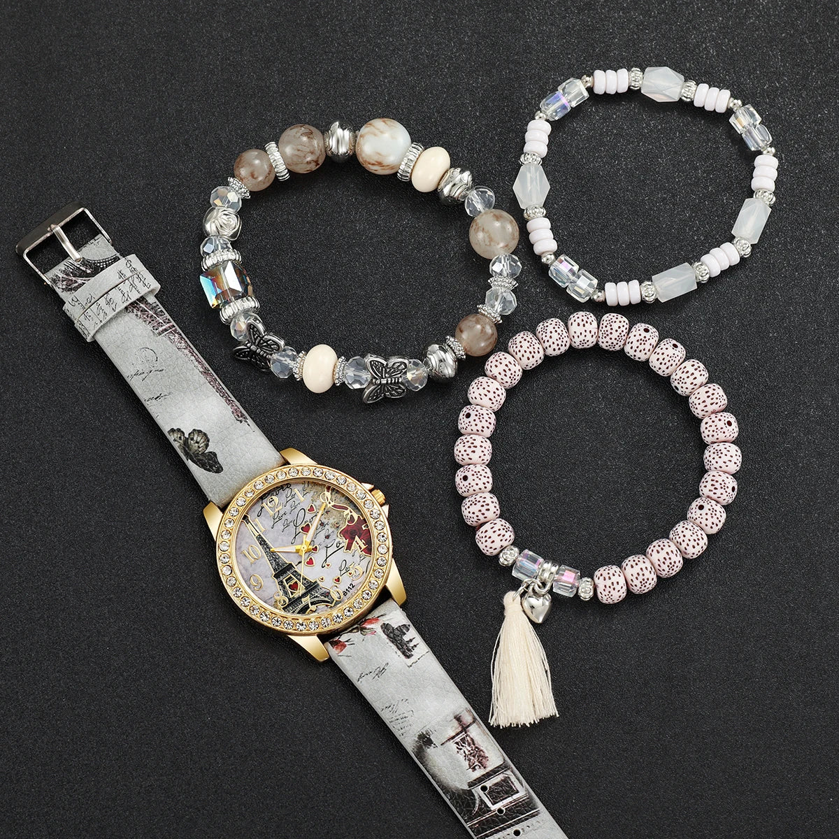 3/4/5PCS Fashion Rhinestone Women's Watch Flowers Printed Leather Band Female Quartz Watches Bracelets Set（Without Box）