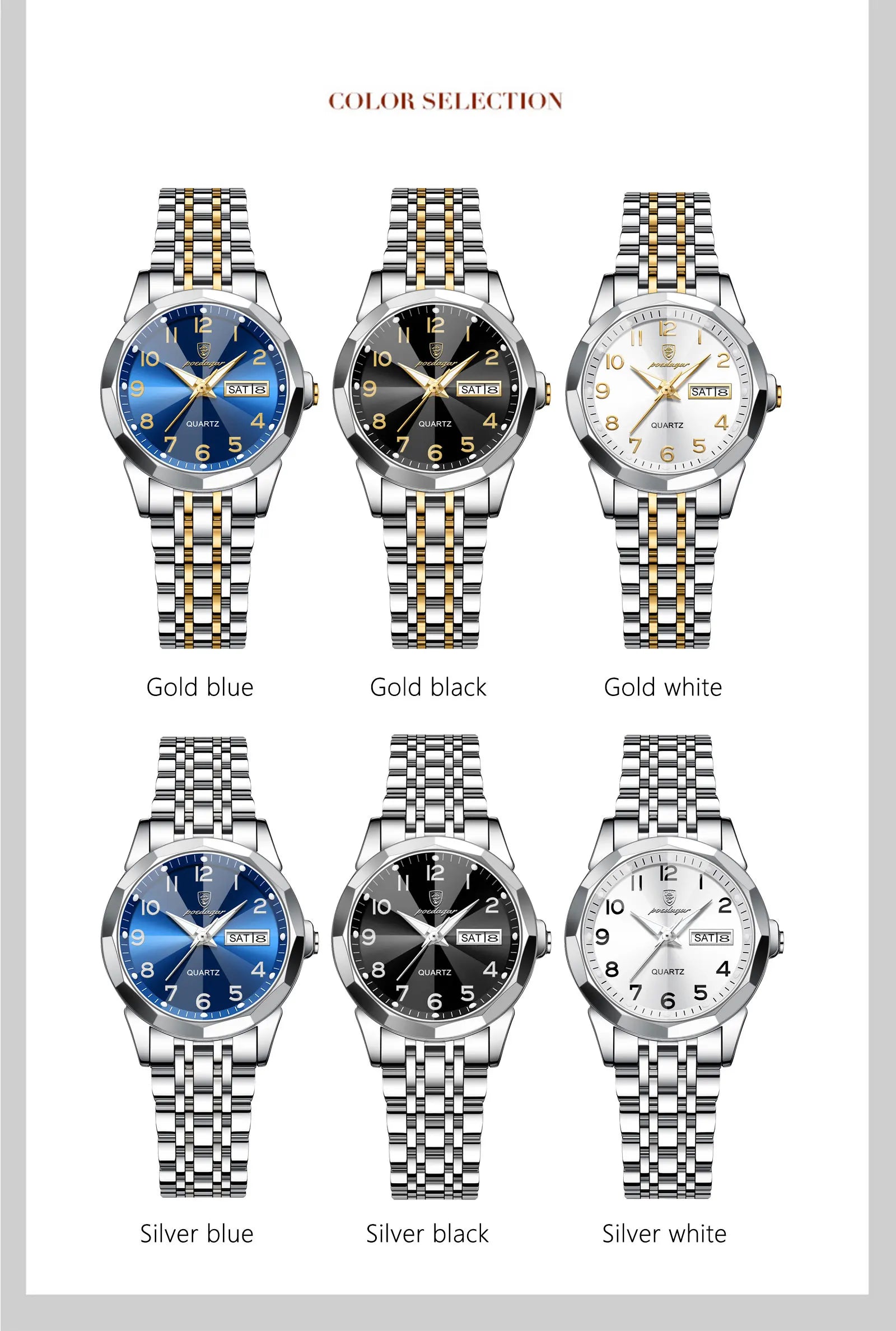 POEDAGAR Fashion Ladies Watch Waterproof Luminous Date Week Watch for Woman High Quality Stainless Steel Women's Quartz Watches