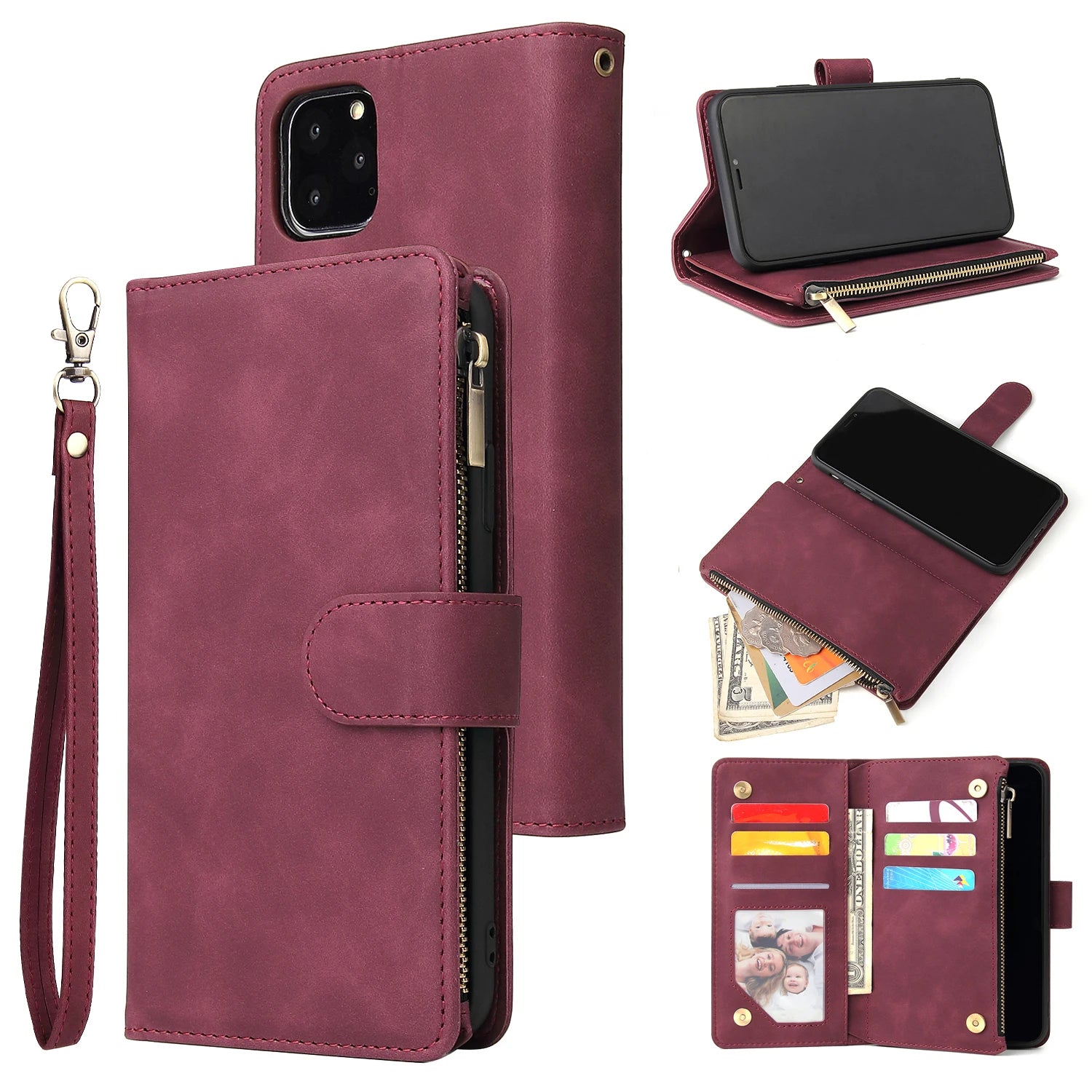 Premium Leather Wallet Case For iPhone 16 15 14 13 12 11 17 Pro Max Plus 17Air 16e Zipper Wallet Card Slots Magnetic Flip Cover