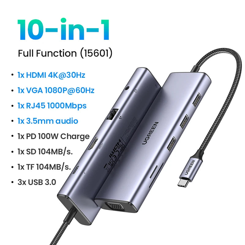 UGREEN USB HUB Dual Monitor Type-C to 4K HDMI VGA Gigabit RJ45 SD&TF USB3.0 Ports PD100W Dock for MacBook Dell HP Accessories