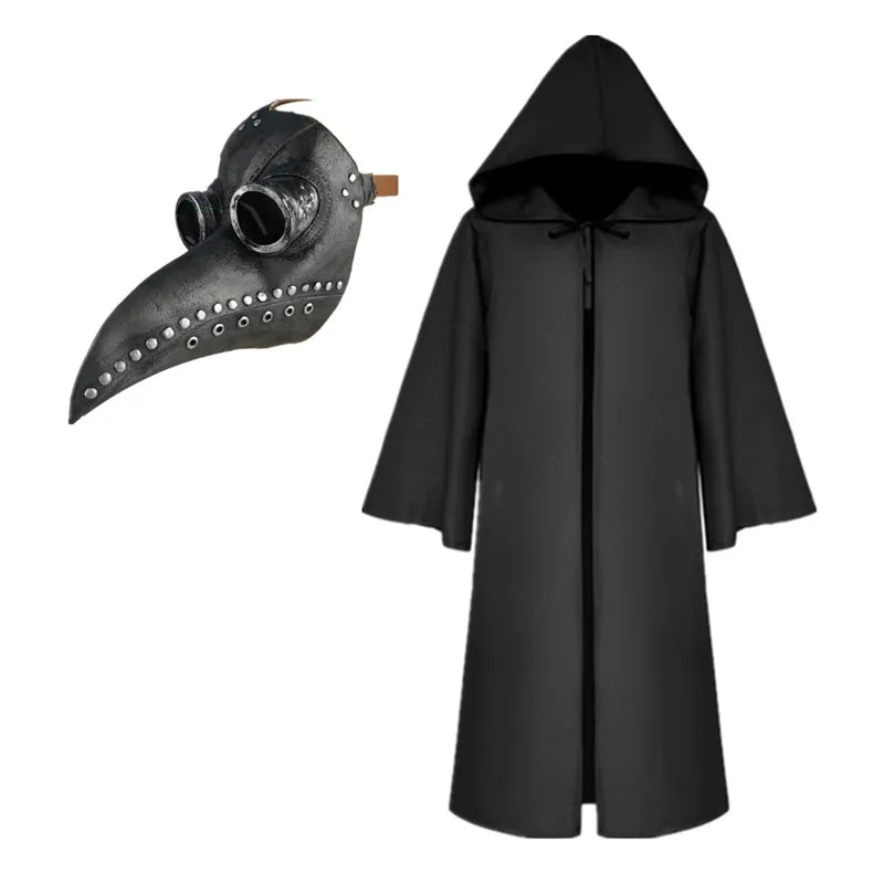 Halloween Cloak Plague Doctor Mask Cosplay Costume Sorcerer Long Shirt Hooded Black Robe Adult and Child Holiday Costume Set