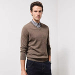 V-Neck Men's 100% Pure Wool Pullover Knitted Sweater, Business Casual Solid Color Simple Long Sleeved Fashionable Loose Warm Top
