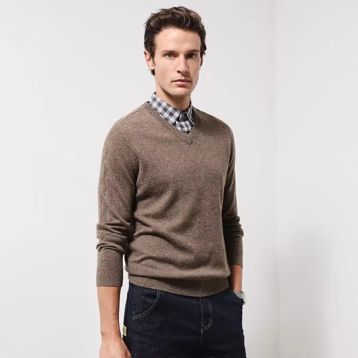 V-Neck Men's 100% Pure Wool Pullover Knitted Sweater, Business Casual Solid Color Simple Long Sleeved Fashionable Loose Warm Top