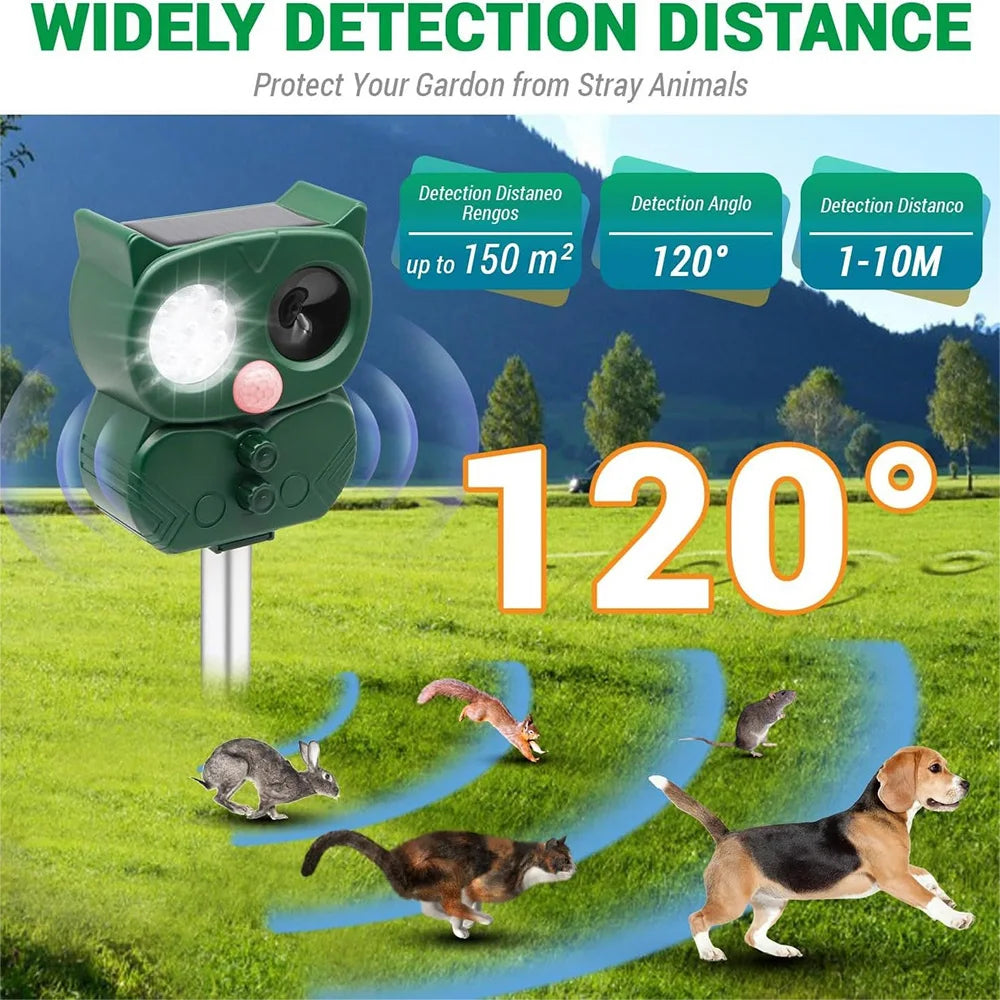 Solar Powered Ultrasonic Animal Repeller - Sonar Deterrent for Dogs, Cats, Birds