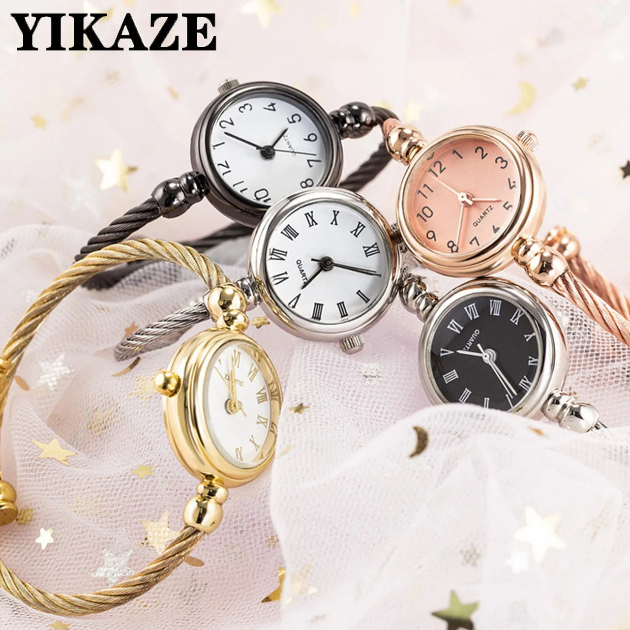 YIKAZE Small Gold Bangle Bracelet Luxury Watch Stainless Steel Retro Ladies Quartz Wristwatch Fashion Casual Thin Chain Watches